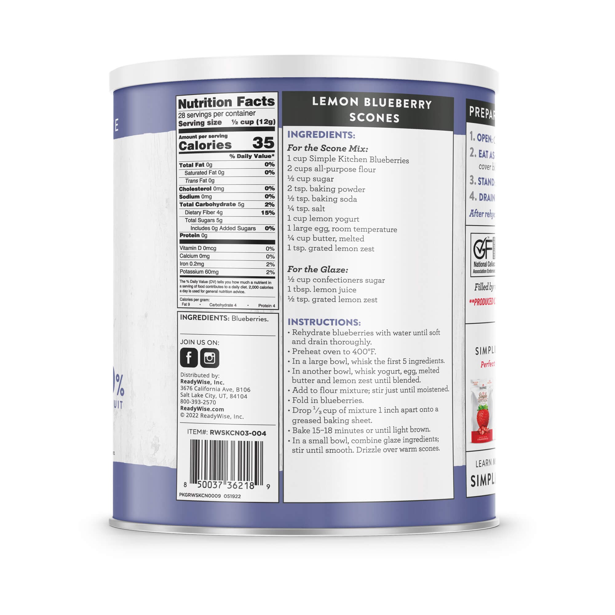 Freeze-Dried Whole Blueberries - 28 Servings #10 Can