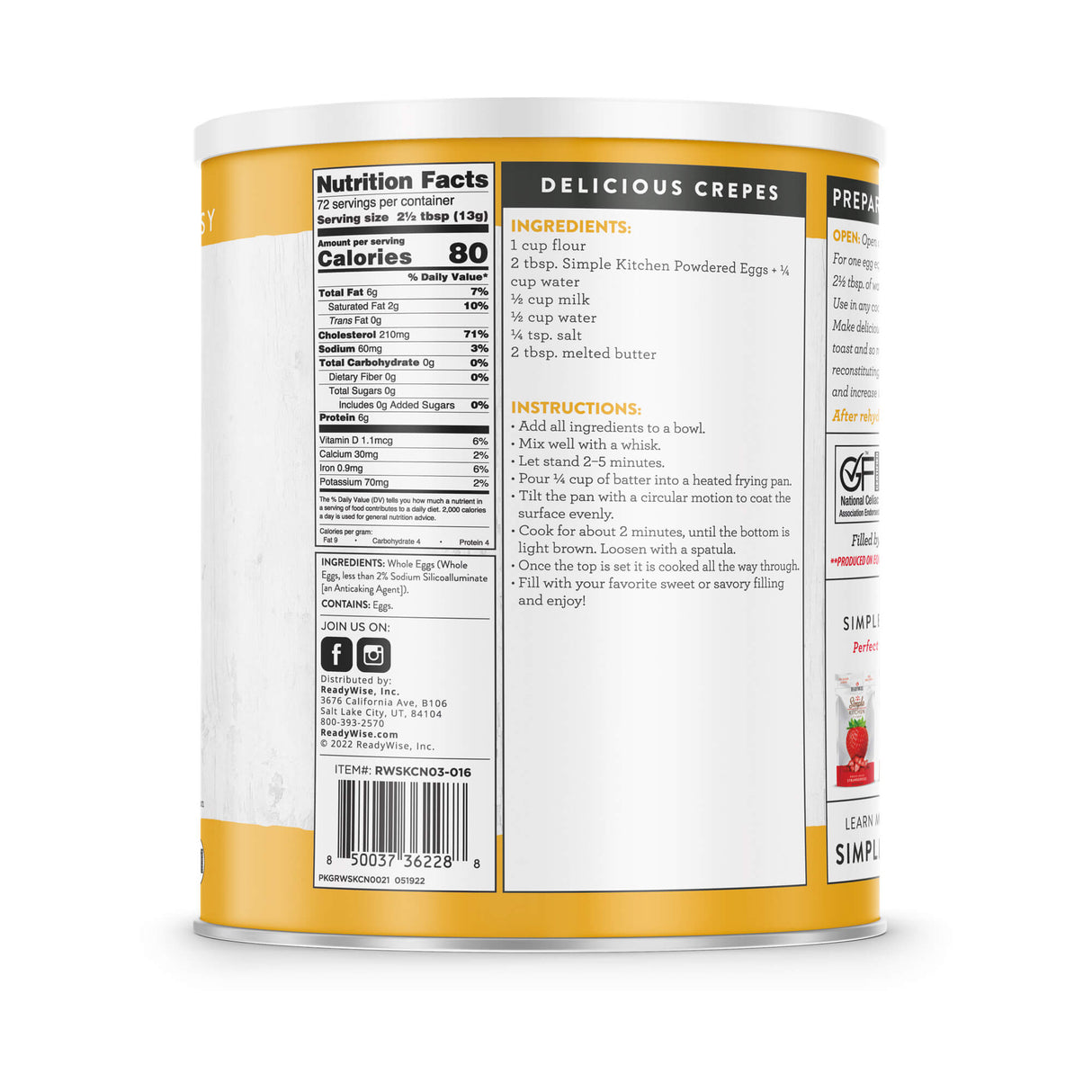Powdered Eggs - 72 Serving #10 Can