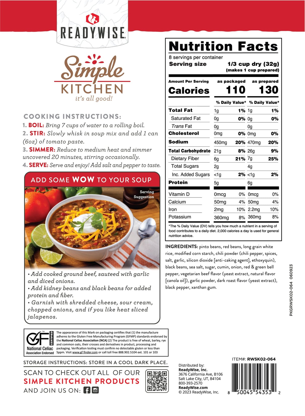 HEARTY CHILI - Soup Mix - 6 Ct Case - 8 Servings