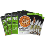 Outdoor adventure meal: farfalle pasta, pan-seared chicken, creamy sauce. Supports reforestation with One Tree Planted.